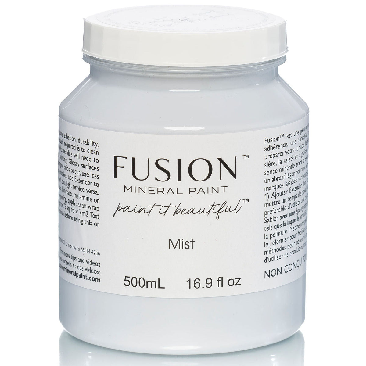 500mL Mist Fusion Mineral Paint jar with smooth matte finish, includes instructions, by Fusion Mineral Paint.