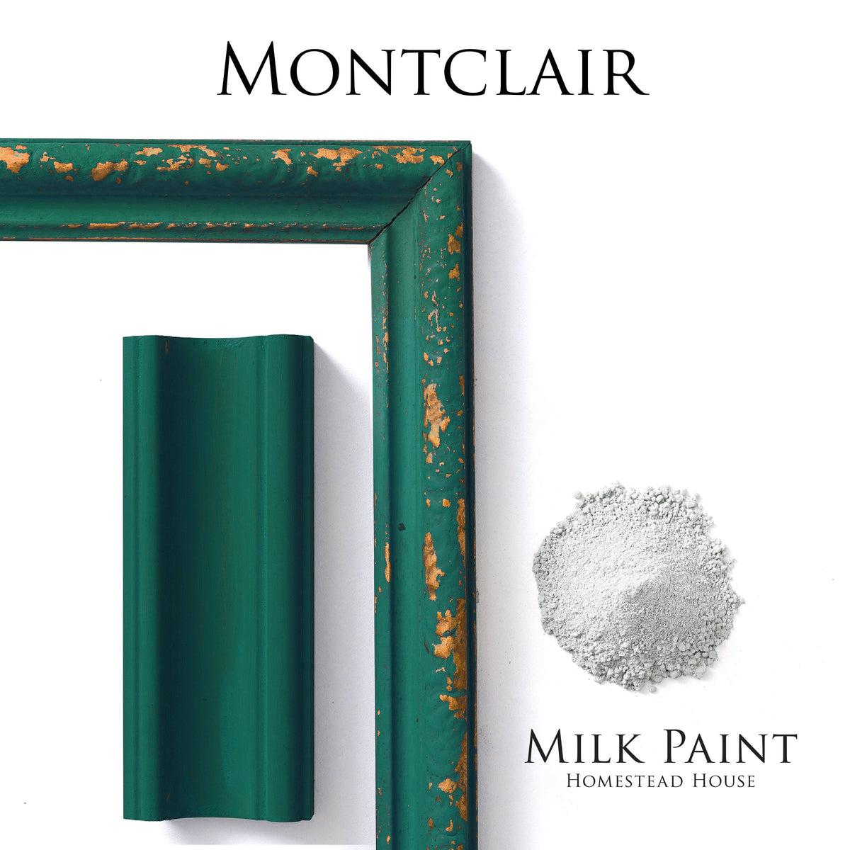 Green wood frame sample molding with Montclair Milk Paint powder by Homestead House.