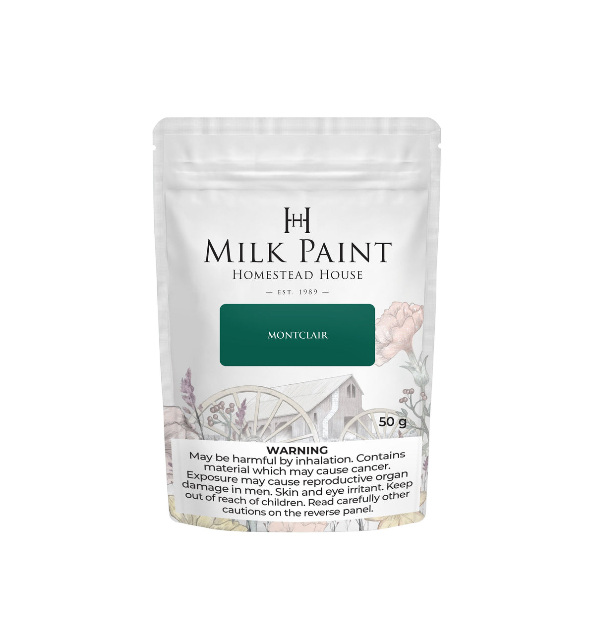 Montclair Milk Paint by Homestead House 50g pouch with farm design and health warning on white label.
