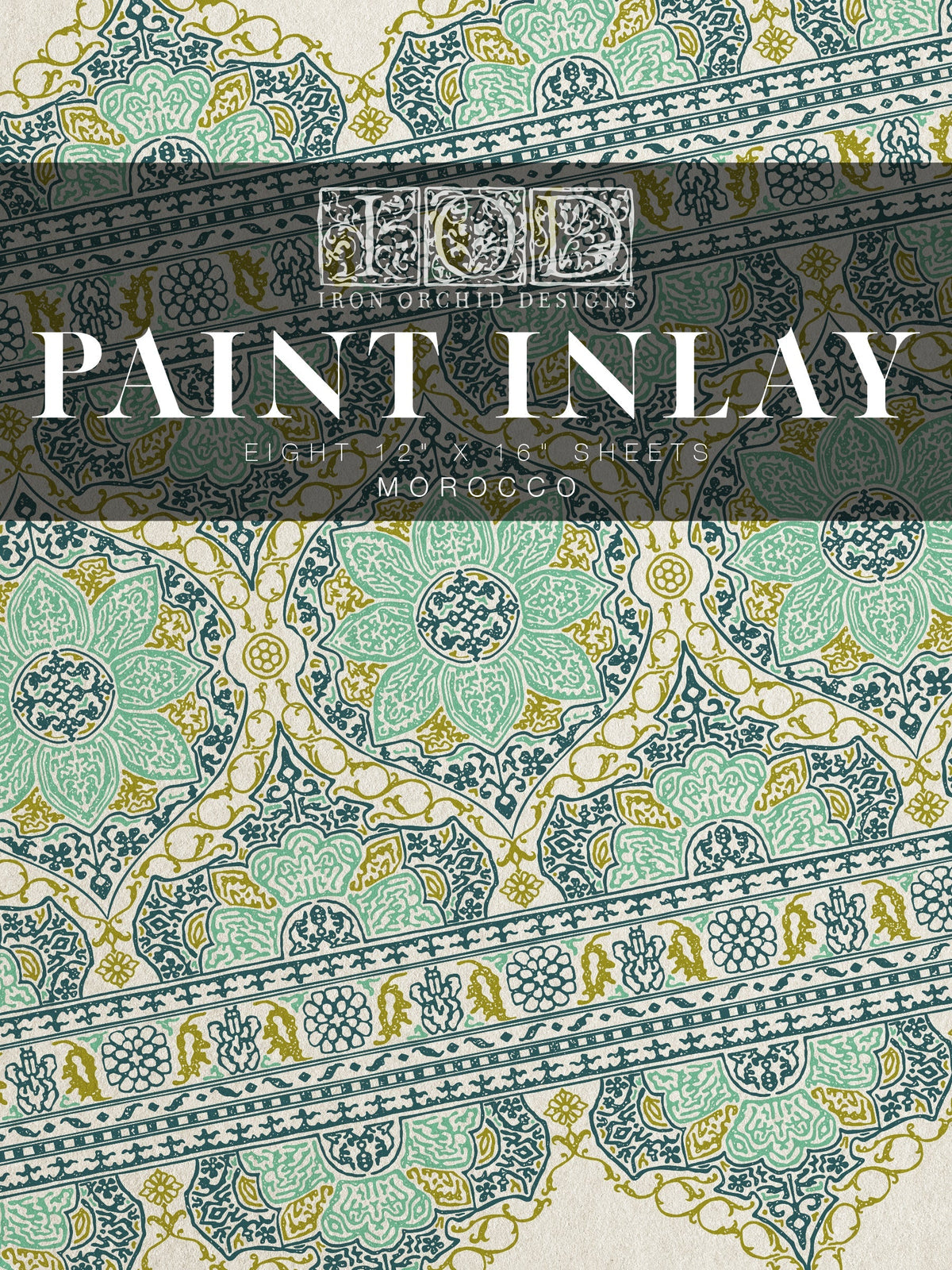 Blue, green & gold Morocco Paint Inlay by I.O.D. with decorative pattern, brand logo, and Paint Inlay text overlay.