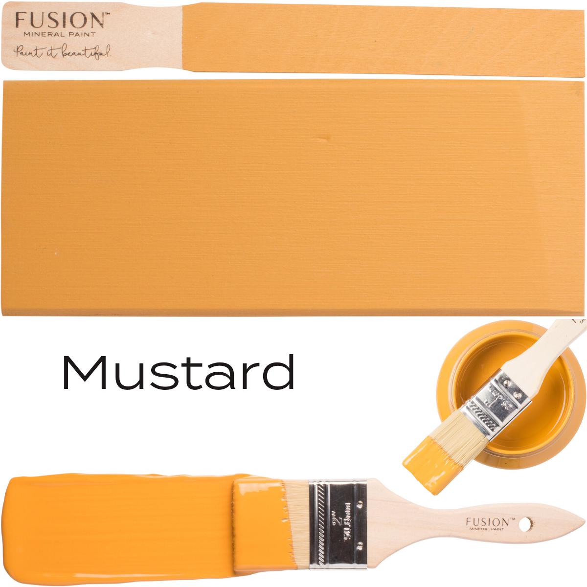 Fusion Mineral Paint can in Mustard shade with paintbrush and painted sample.