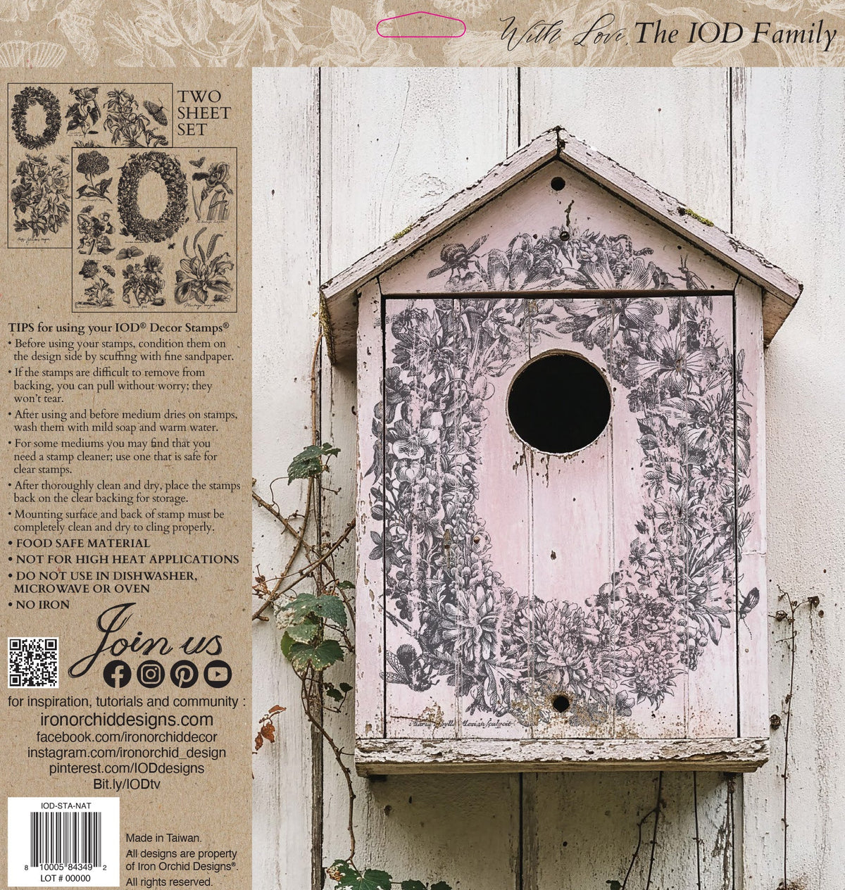 Pink birdhouse with black floral designs created using IOD Nature’s Etchings Stamp.