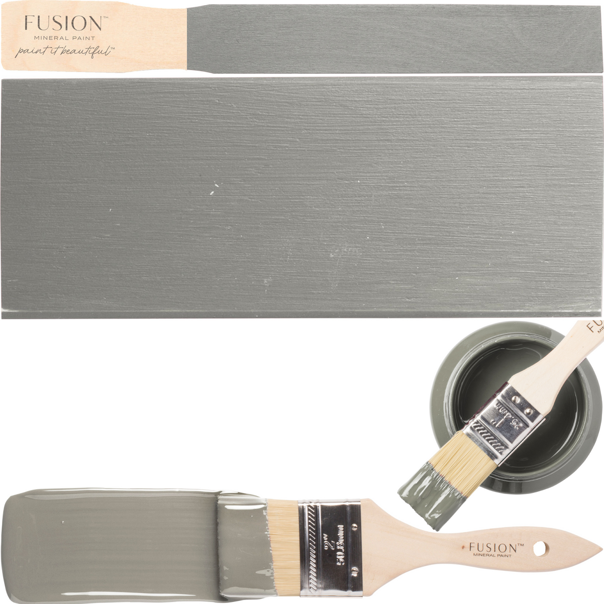 Paintbrush with Newell Fusion Mineral Paint alongside paint swatches displaying color coverage and texture.