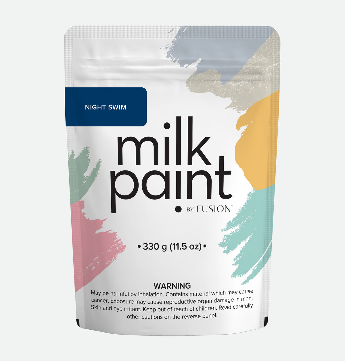 Fusion Mineral Paint Night Swim Milk Paint 330g pouch with bottom warning label visible.