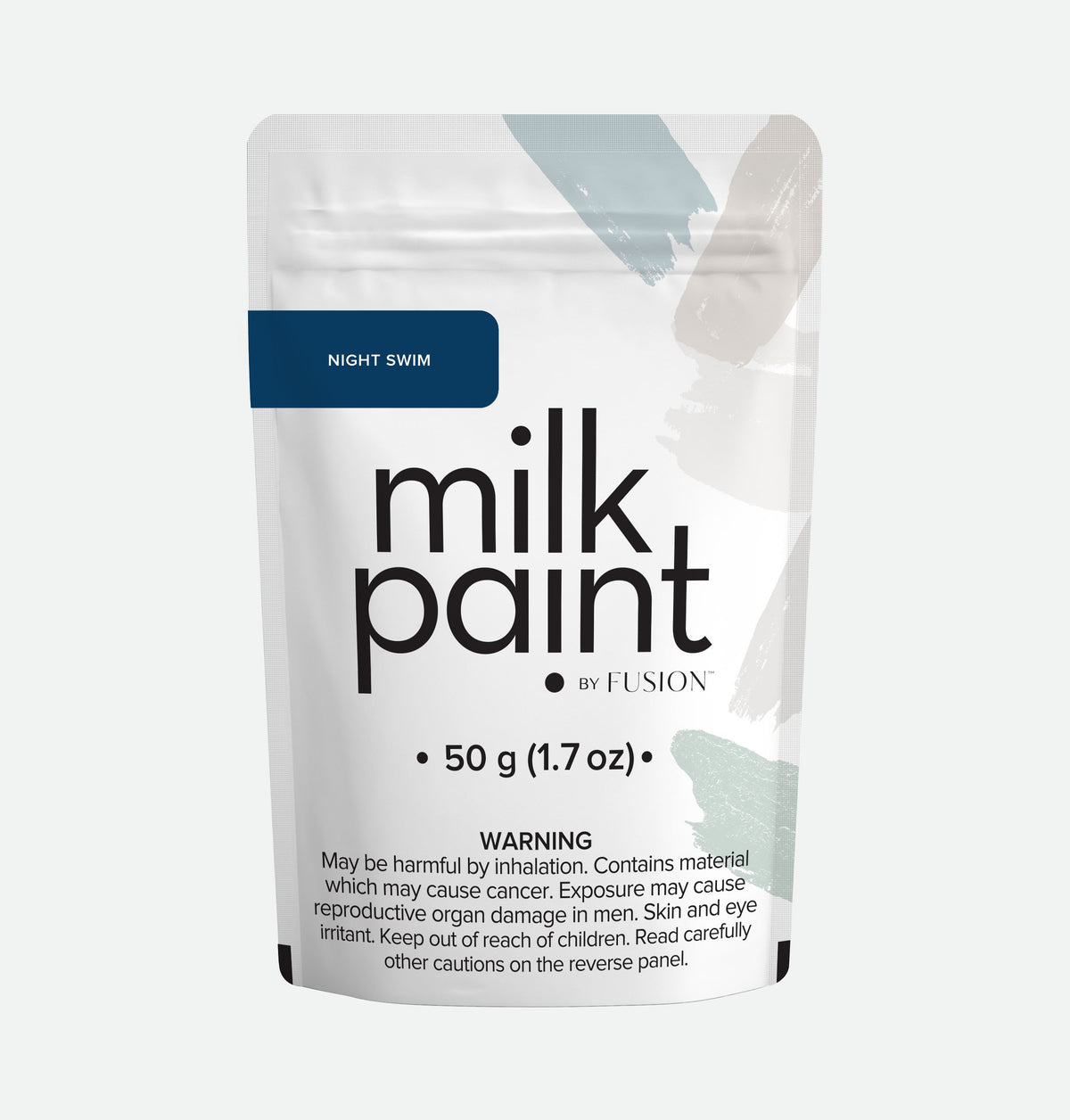 Night Swim Milk Paint by Fusion Mineral Paint, label displays Bonding Agent info and health risk warning.