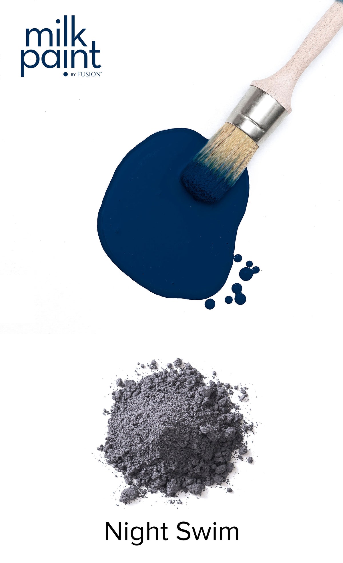 Paintbrush on blue paint smear above Fusion Mineral Paint Night Swim Milk Paint dark blue powder.