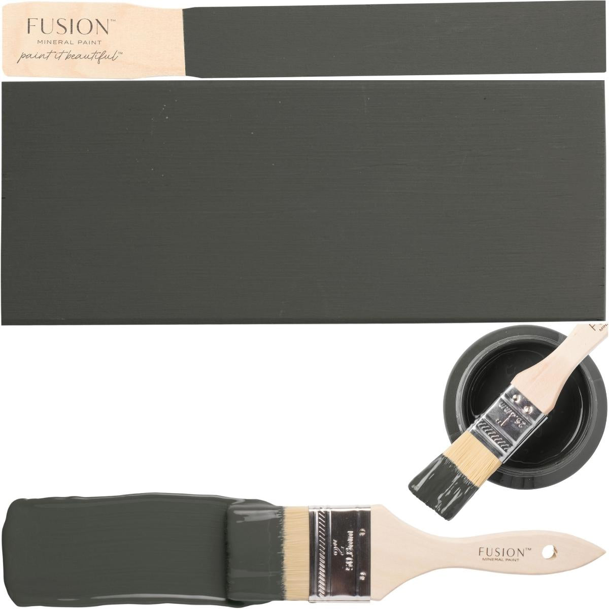 Brush, Oakham Fusion Mineral Paint wood sample, and matte finish container by Fusion Mineral Paint.