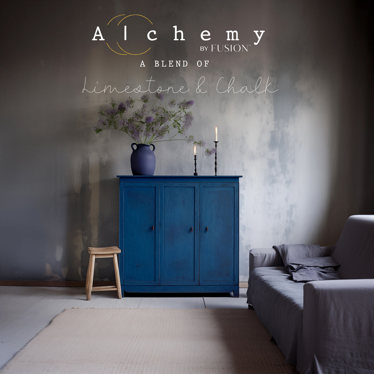 Blue cabinet painted in Ocean Alchemy by Fusion Mineral Paint with a stool nearby.