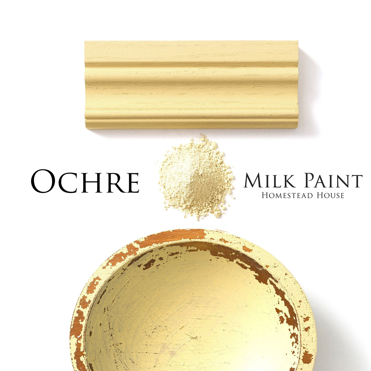 Powdered ochre paint, painted wooden trim, and Ochre Milk Paint bowl by Homestead House.
