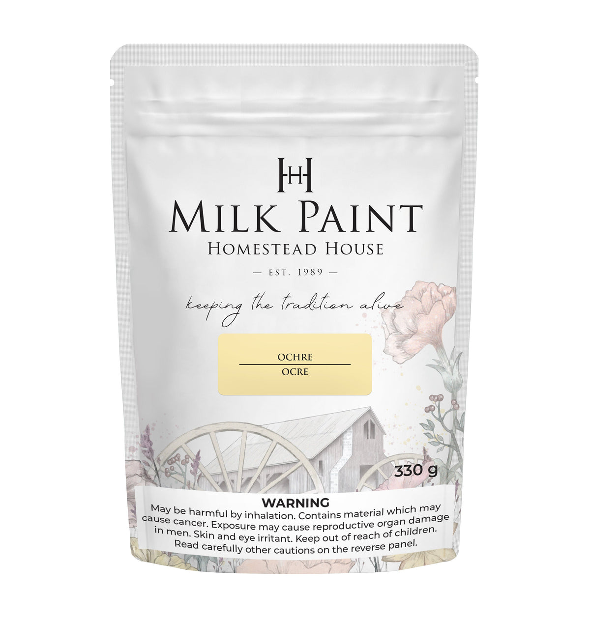 330g Homestead House Ochre Milk Paint bag with rustic watermill image and warning label at the bottom.