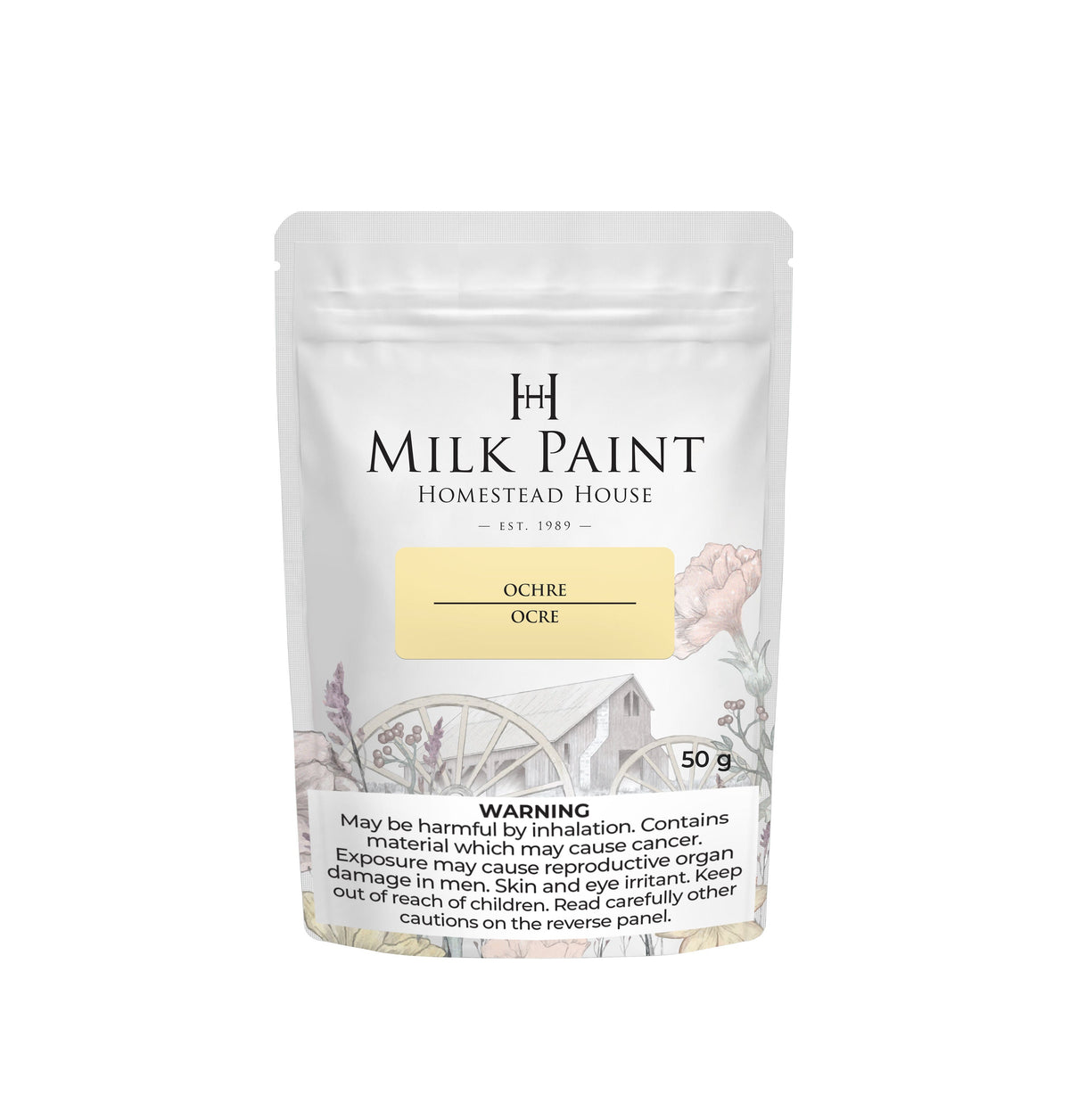 50g Homestead House Ochre Milk Paint pouch with floral and wagon art, plus a visible health warning label.