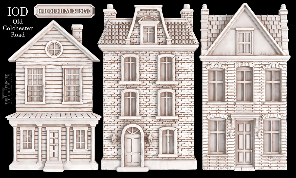 Three facades labeled Old Colchester Road, made with I.O.D. Old Colchester Road Mould in muted tones.