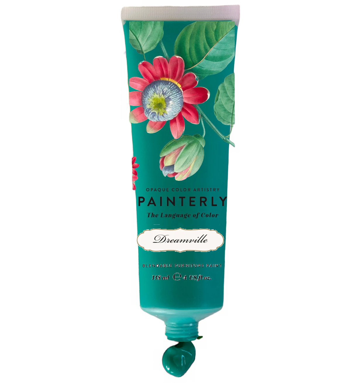 Teal tube of DIY Paint Co. Painterly Blendable Furniture Artist Paint, Dreamville label, with a passionflower.