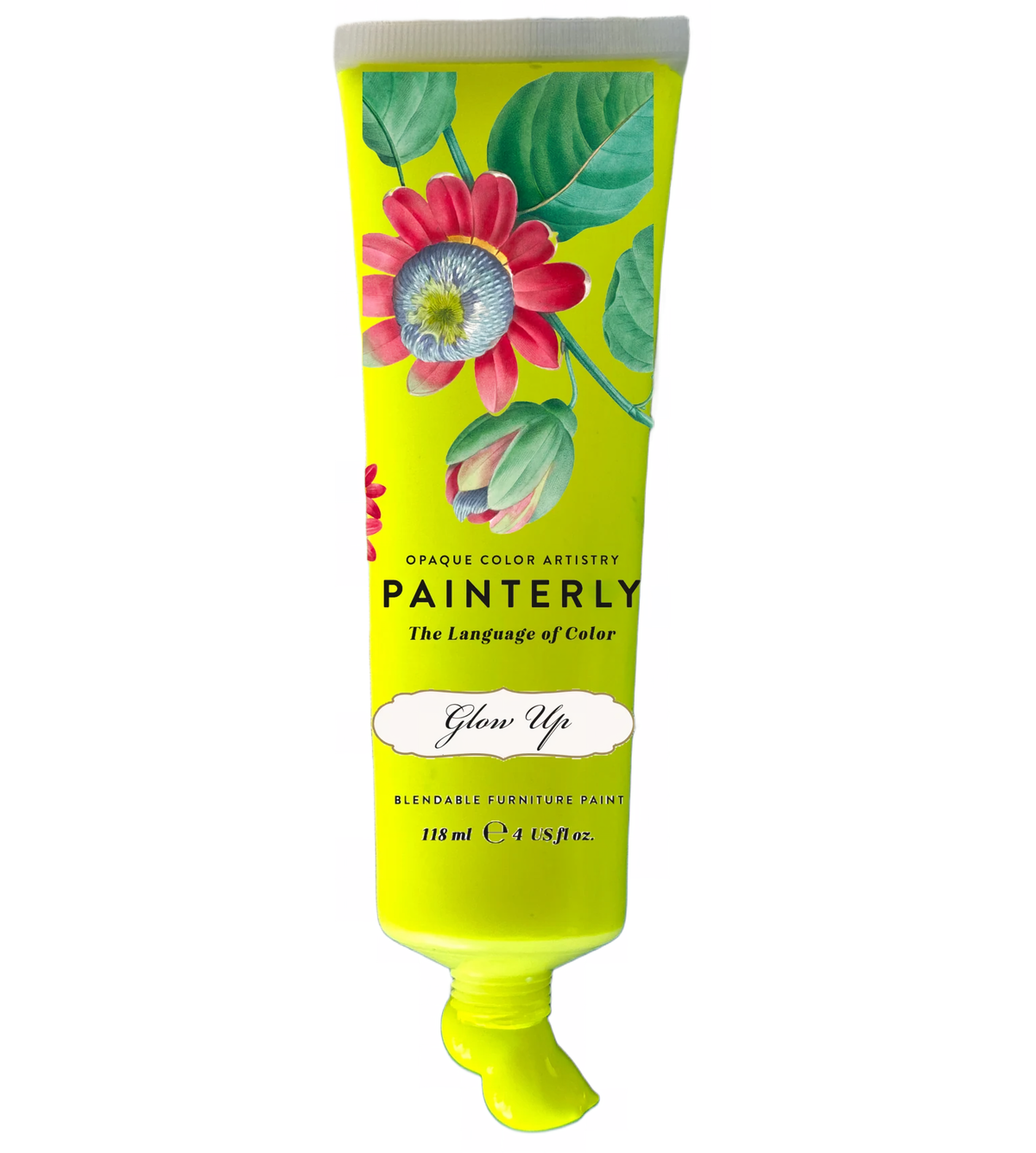 DIY Paint Co. Painterly Blendable Furniture Artist Paint, yellow tube with floral design and open cap, paint squeezed out.