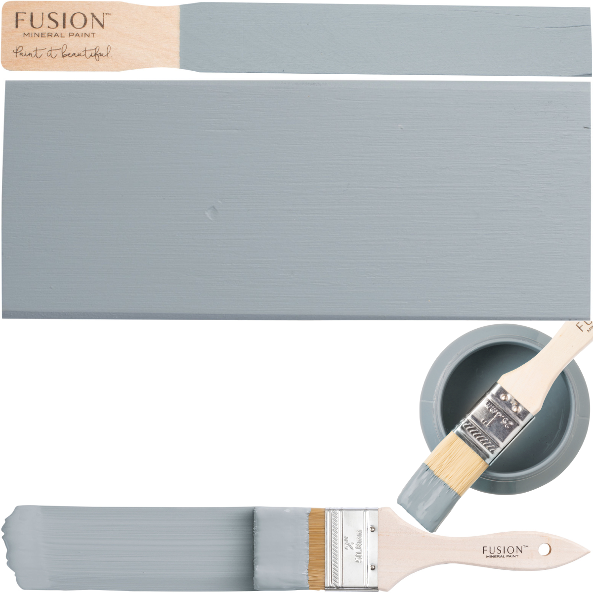Paisley Fusion Mineral Paint (matte) with gray paint swatches and brushes on white background.