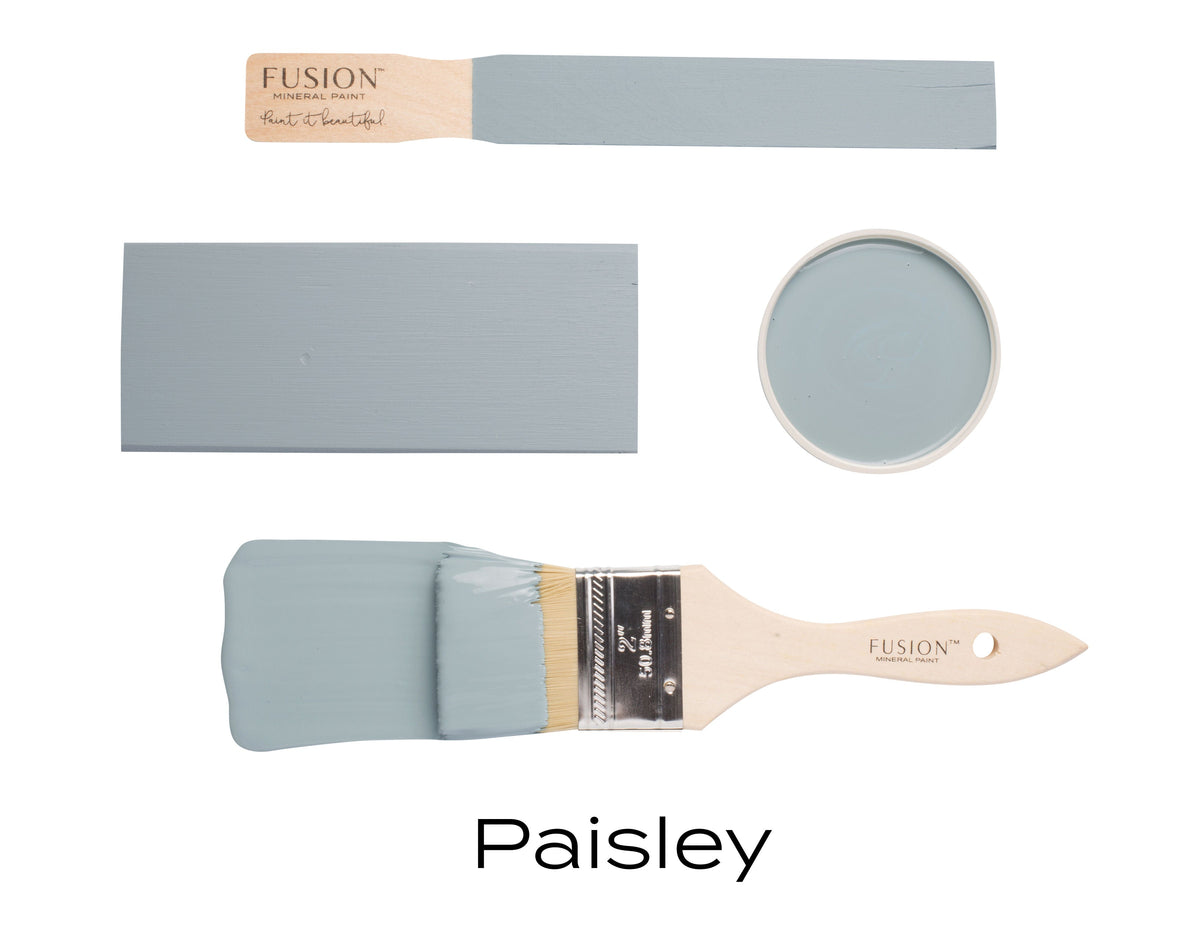 Paisley Fusion Mineral Paint in matte finish, shown as brush, swatch, open can, and closed sample.