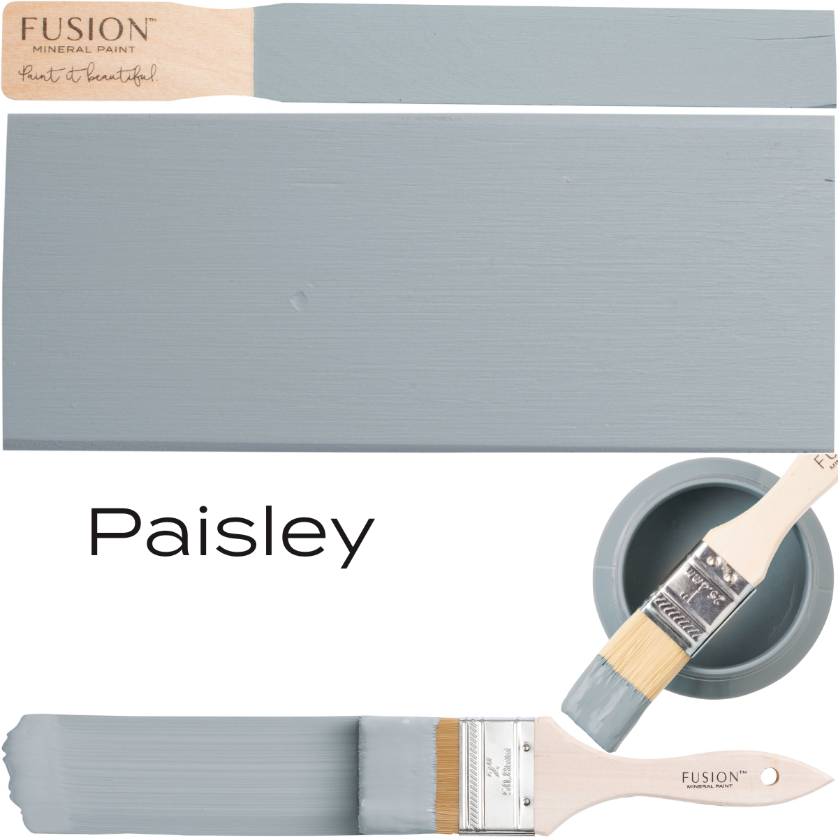 Brush and color swatch show Paisley Fusion Mineral Paint, a muted blue-gray with a matte finish.