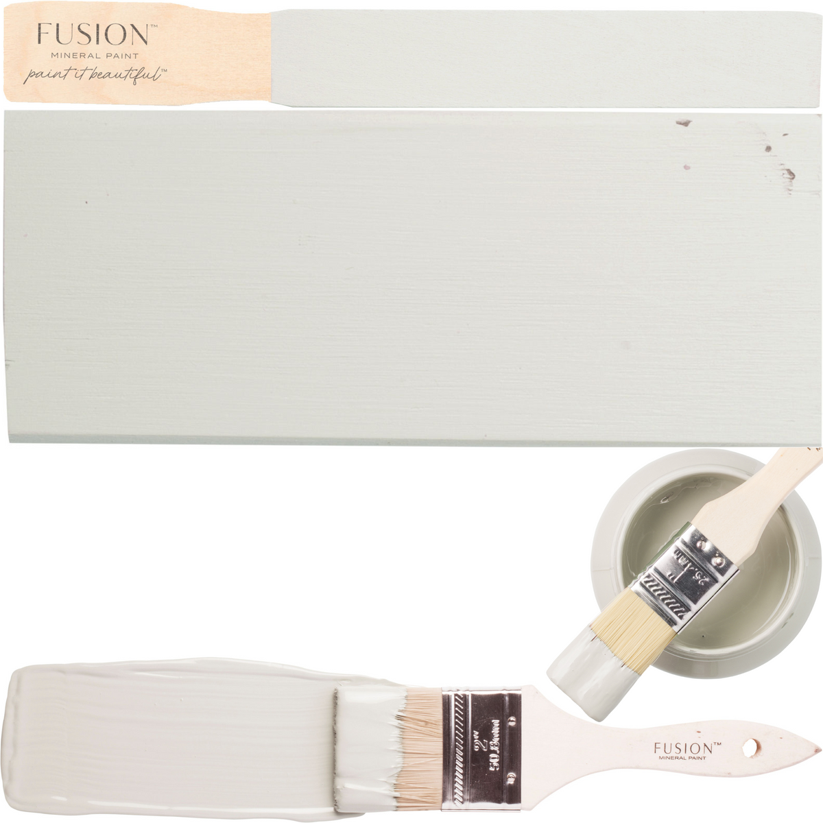 Parchment Fusion Mineral Paint swatch with stir stick, two brushes, and a paint bowl.