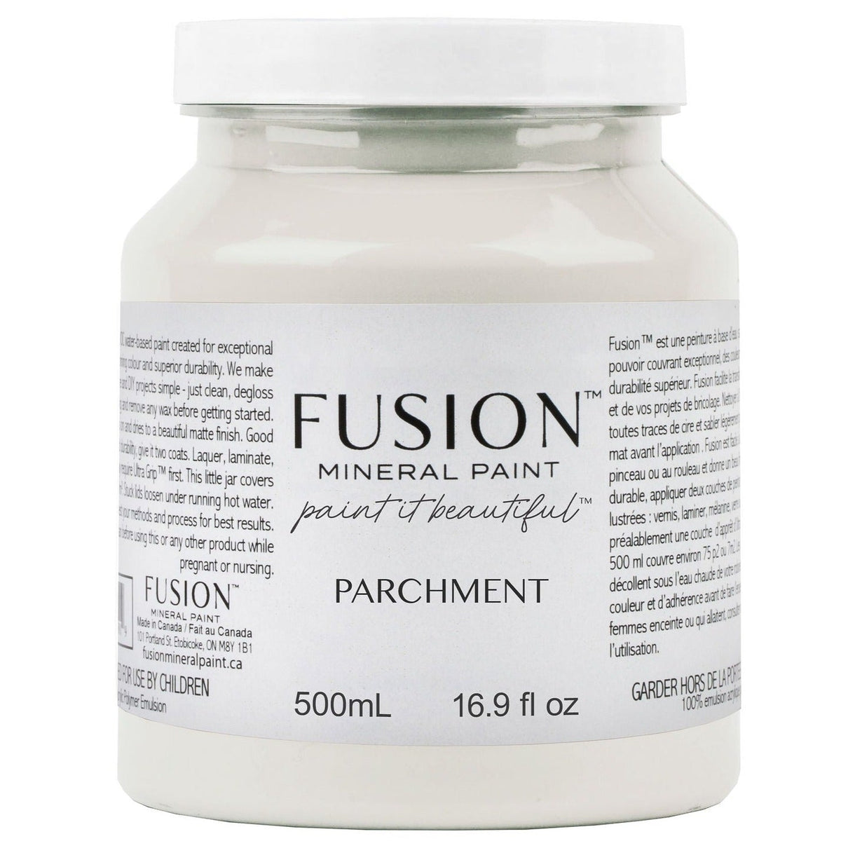 Fusion Mineral Paint Parchment 500mL jar with white lid and detailed Fusion label.