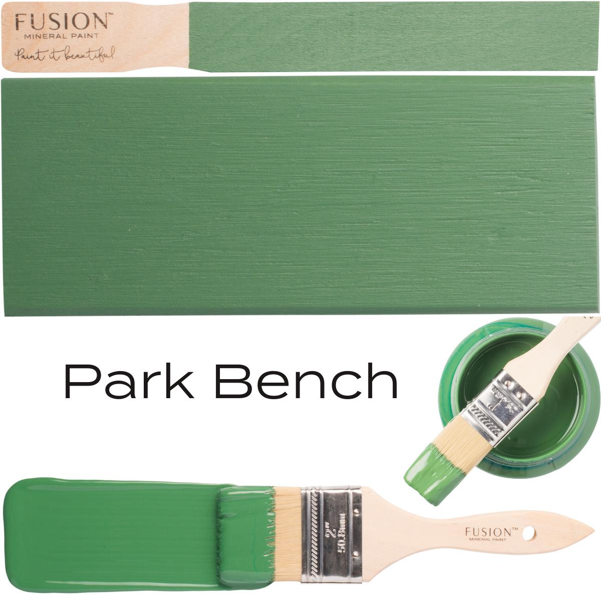 Brush, Park Bench Fusion Mineral Paint swatch, open jar, and “Park Bench” text displayed together.