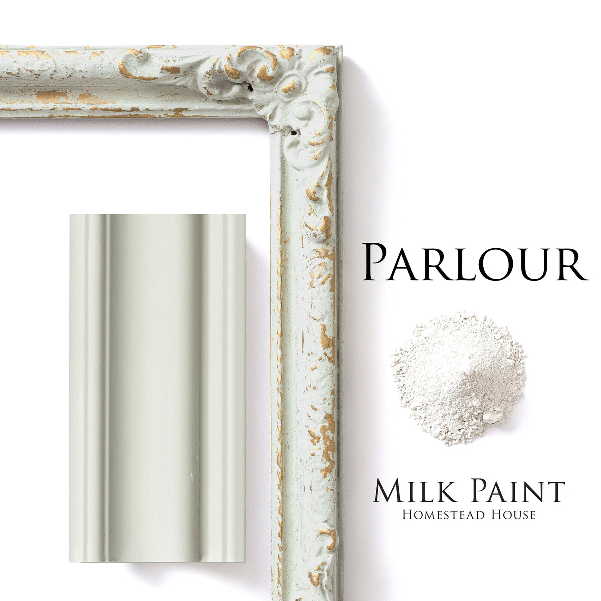 Antique frame finished in sage green and Parlour Milk Paint by Homestead House, with white powder and molded trim.