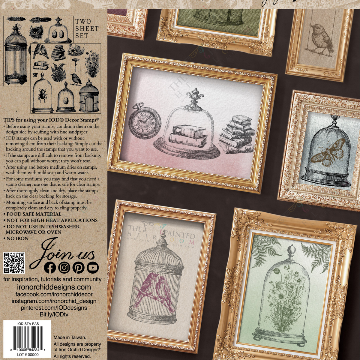 The Pastiche Stamp by IOD with vintage-style bird, bee, and watch designs in ornate gold frames.