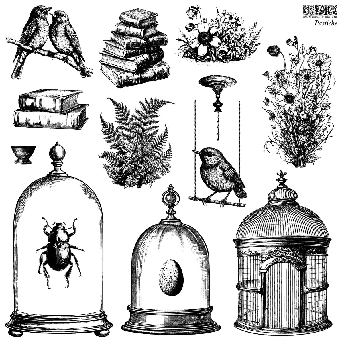 The Pastiche Stamp by IOD with vintage cloche, bird, and book designs for mixed media projects.
