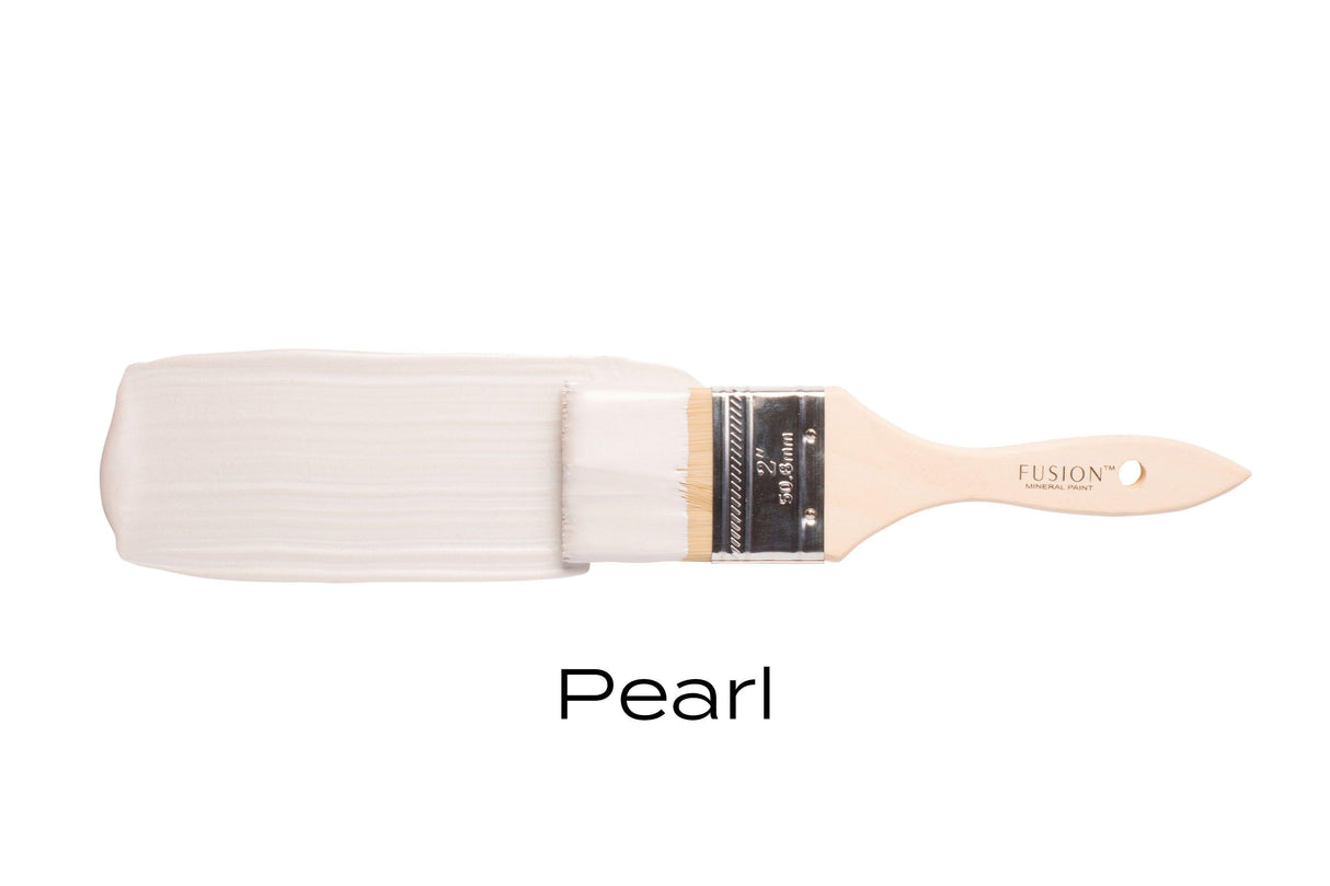 Fusion Mineral Paint Pearl Metallic paintbrush with shimmering mica pigments, shown on white, labeled “Pearl”.