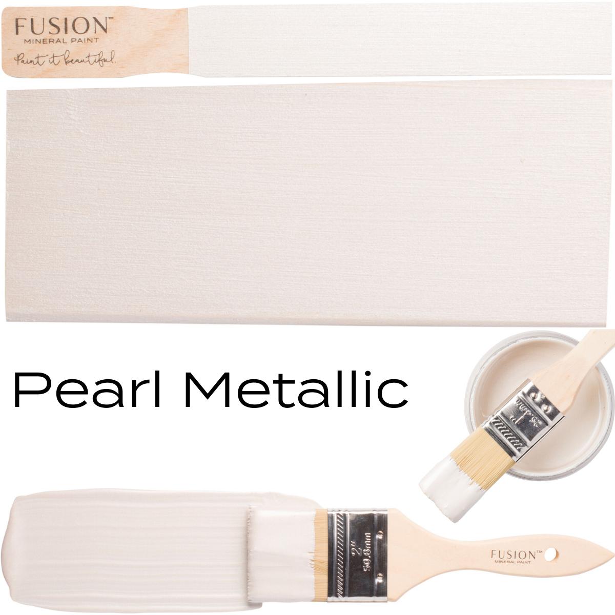 Fusion Mineral Paint Pearl Metallic brush, painted sample, and open paint container displayed together.