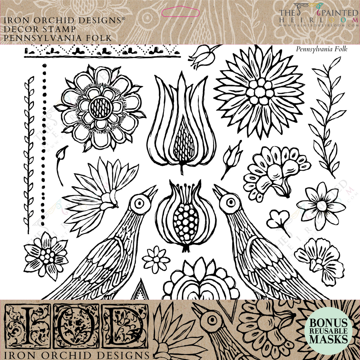 Black line art of folk flowers and two birds created with I.O.D. Pennsylvania Folk (Retired) Stamp by Iron Orchid Designs.