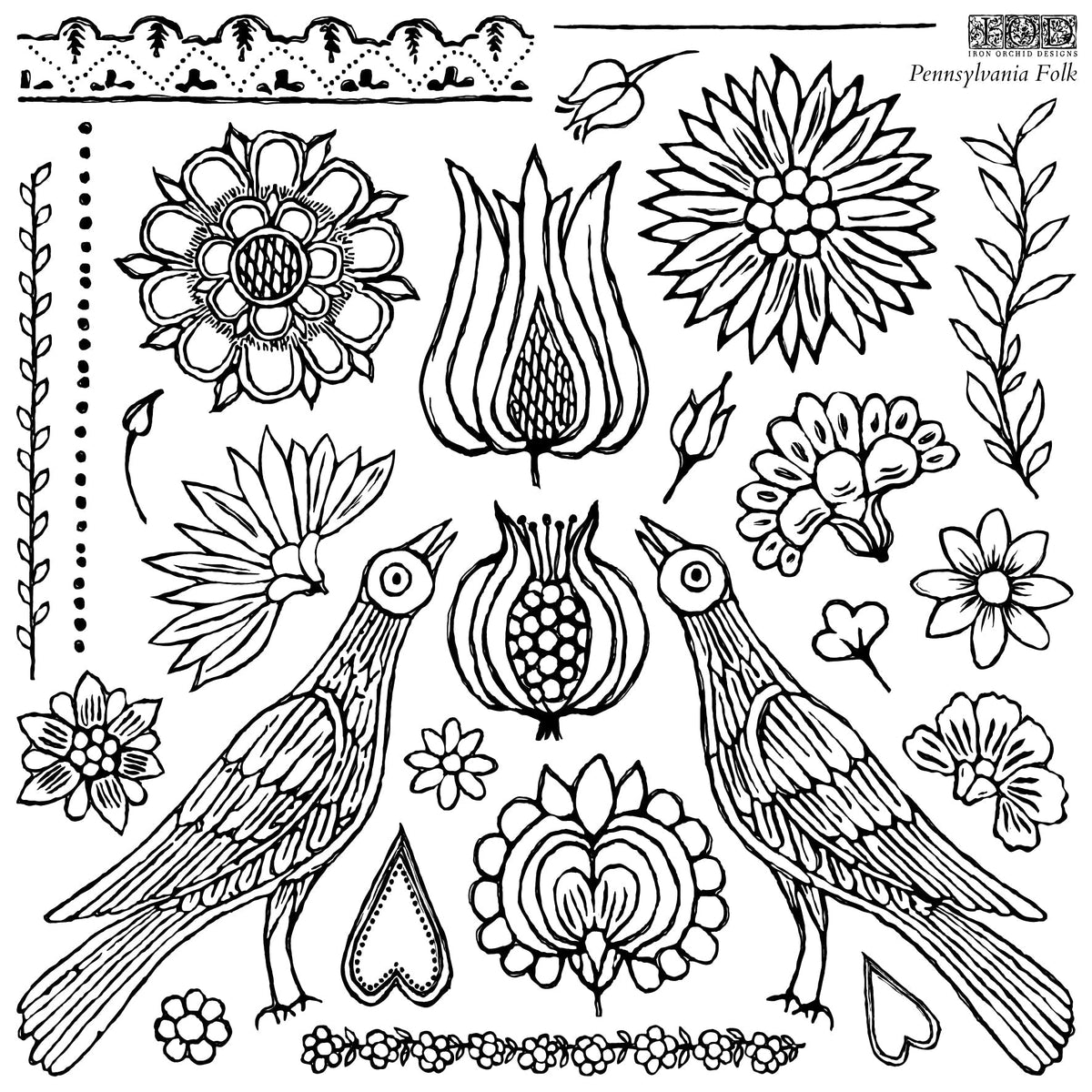 I.O.D. Pennsylvania Folk Retired Stamp featuring classic folk art flowers, leaves, and birds motifs.