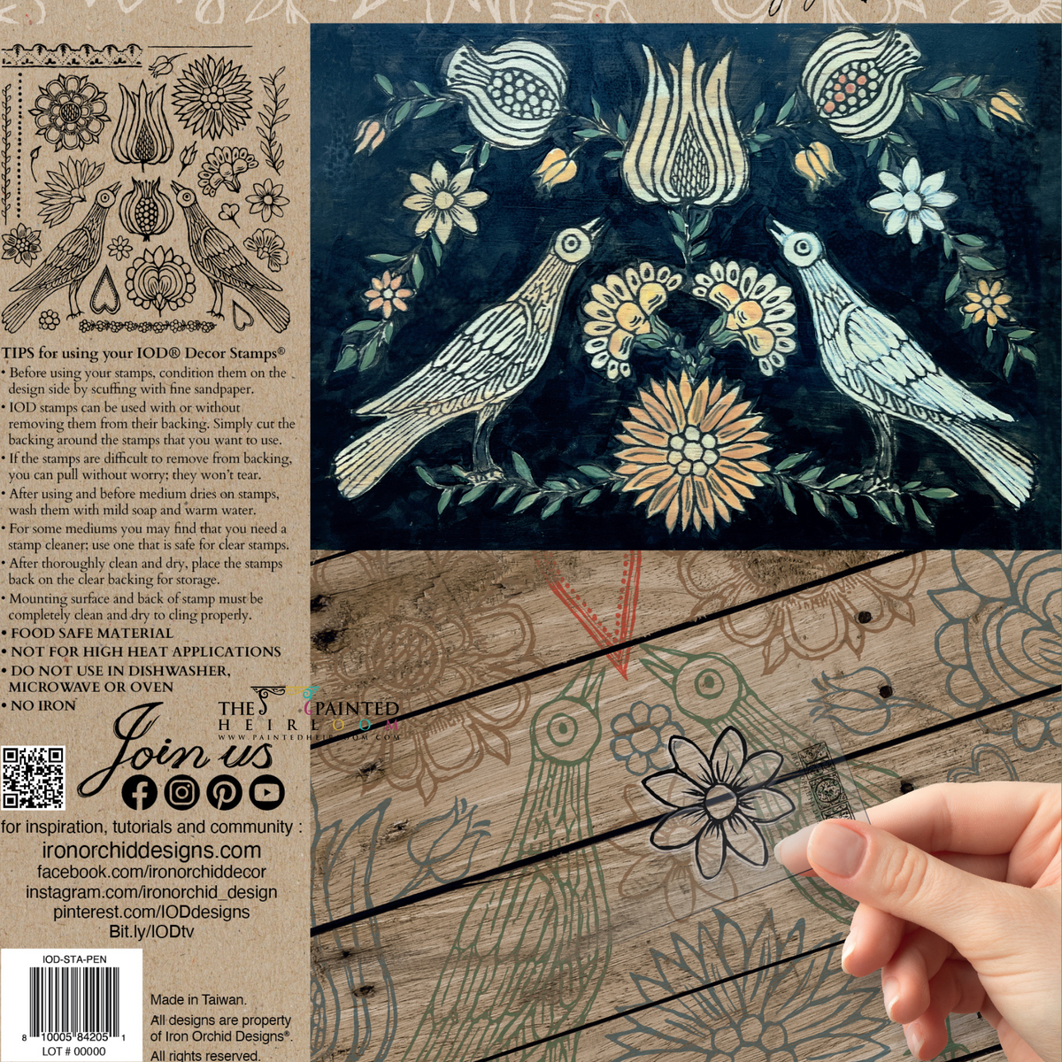 Hand using I.O.D. Pennsylvania Folk Stamp on wood; blue folk-art birds and flowers above.