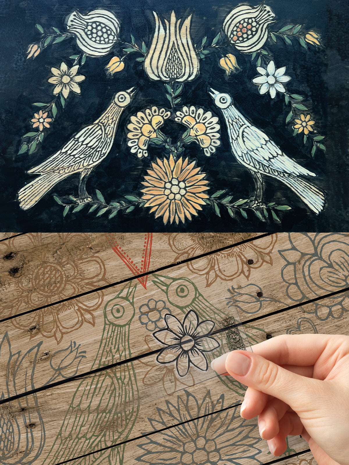 I.O.D. Pennsylvania Folk (Retired) Stamp depicting birds and flowers in a folk art style on wood.