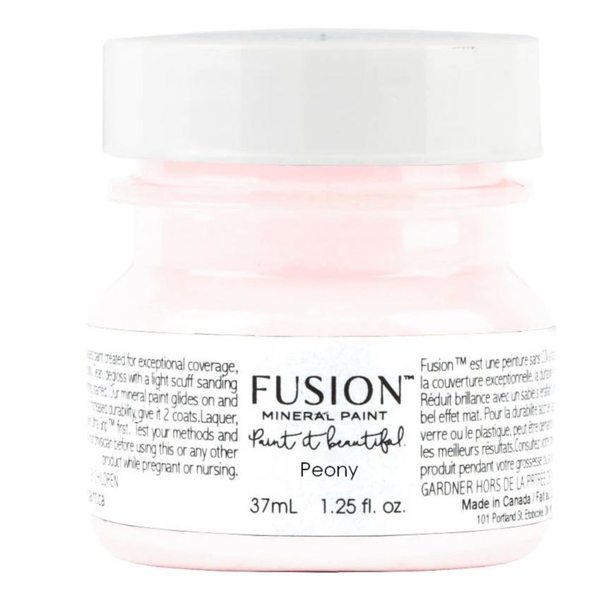 Peony Fusion Mineral Paint 37mL jar with white lid and label, all-in-one acrylic furniture paint.
