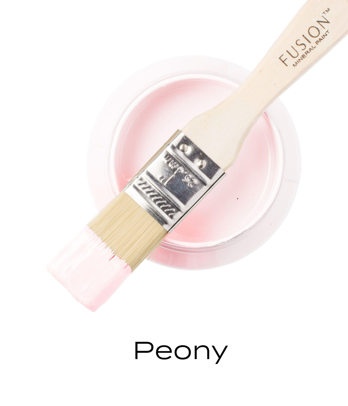Fusion Mineral Paint brush with Peony Fusion Mineral Paint on a round container against a white background.