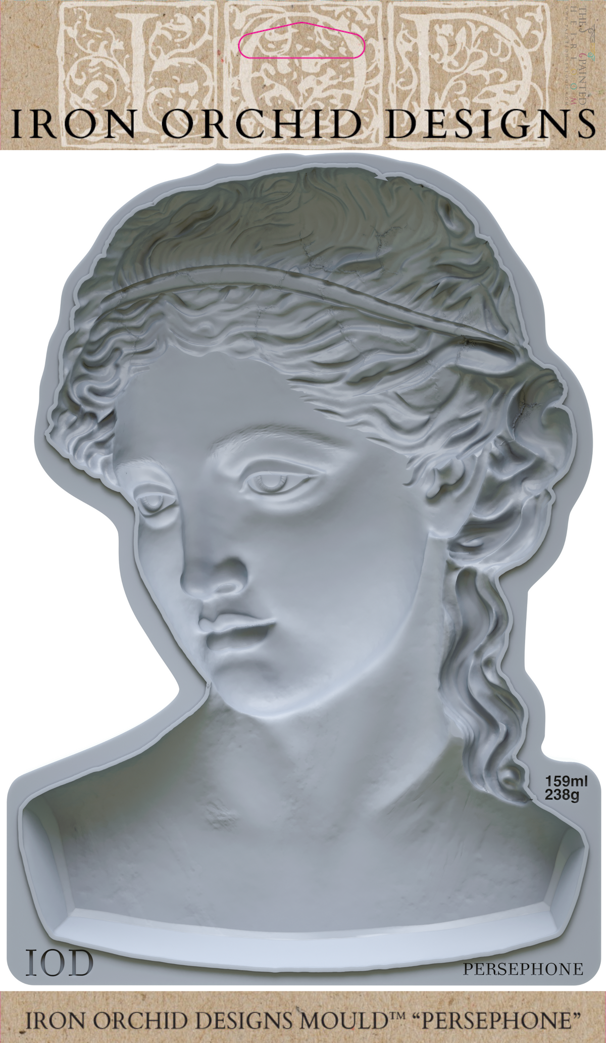 Gray bust of a woman’s head, created with the Persephone Mould by I.O.D., Iron Orchid Designs.