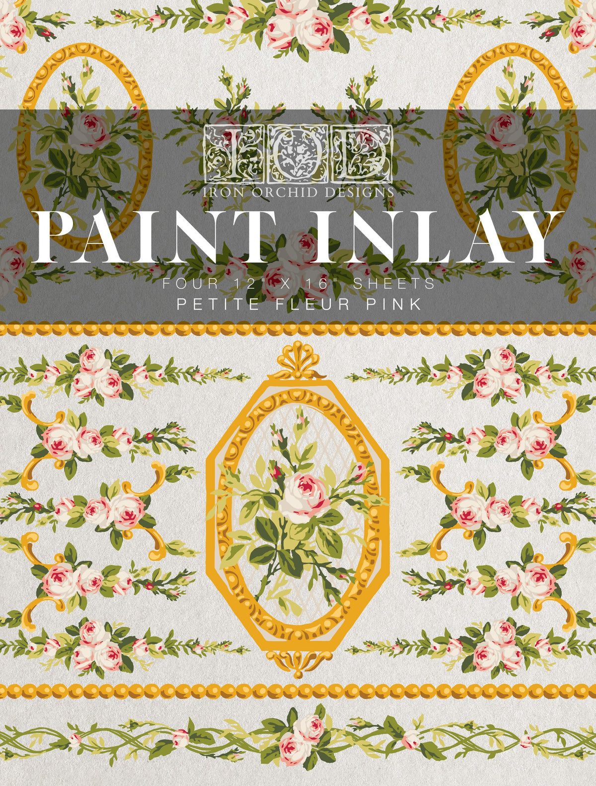 Floral gold ovals with roses and beads; Petite Fleur Pink Paint Inlay by I.O.D.; text overlay at top.