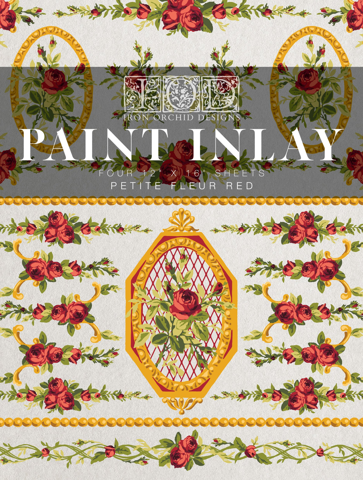 Red roses and gold frames pattern on white using I.O.D. Petite Fleur Red Paint Inlay.