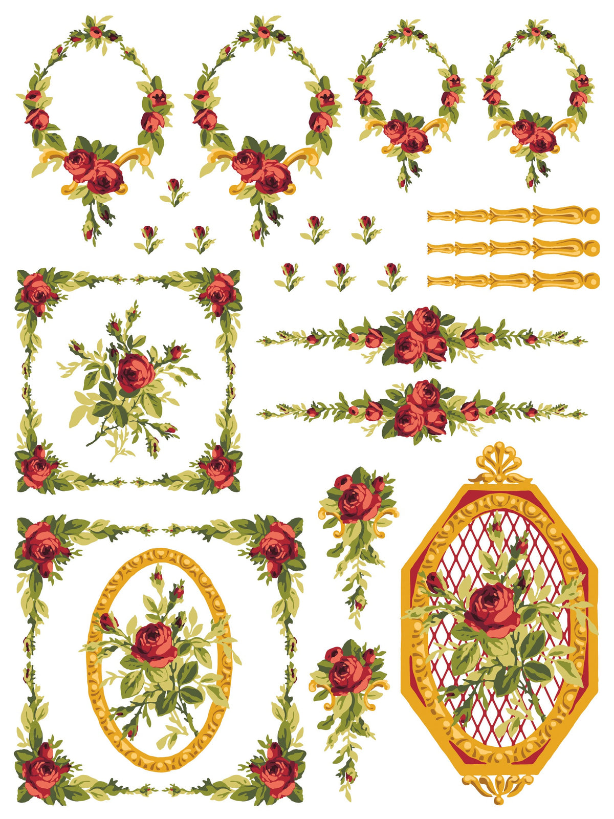 Ornate rose garlands and borders design, compatible with I.O.D. Petite Fleur Red Paint Inlay for mixed media use.