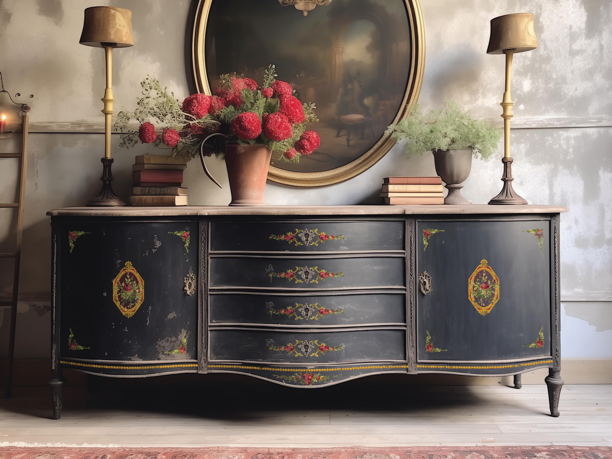 Vintage black sideboard with IOD Petite Fleur Red Paint Inlay, topped with lamps, books, and floral vases.