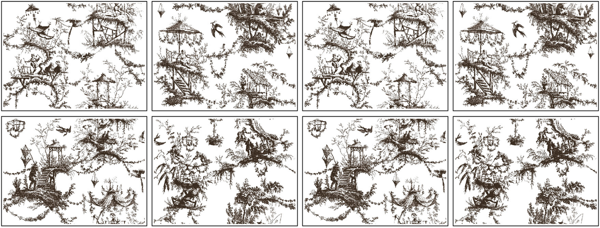 Eight panels with birds and gazebos feature Petits Parasols Black Paint Inlay by I.O.D. in black and white.