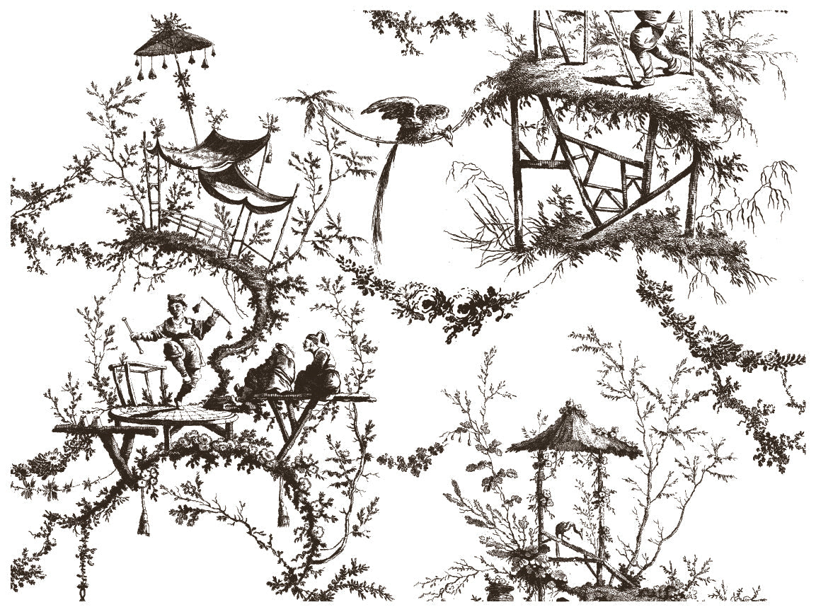 Black-and-white toile pattern with people, birds, and pavilions made using I.O.D. Petits Parasols Black Paint Inlay.