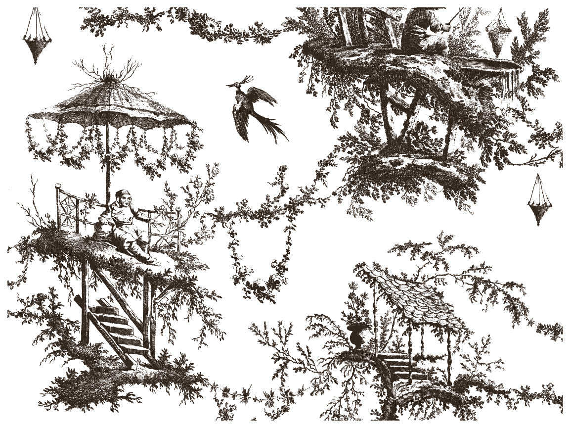 Man under canopy in garden, styled like an I.O.D. Petits Parasols Black Paint Inlay with birds and trees.