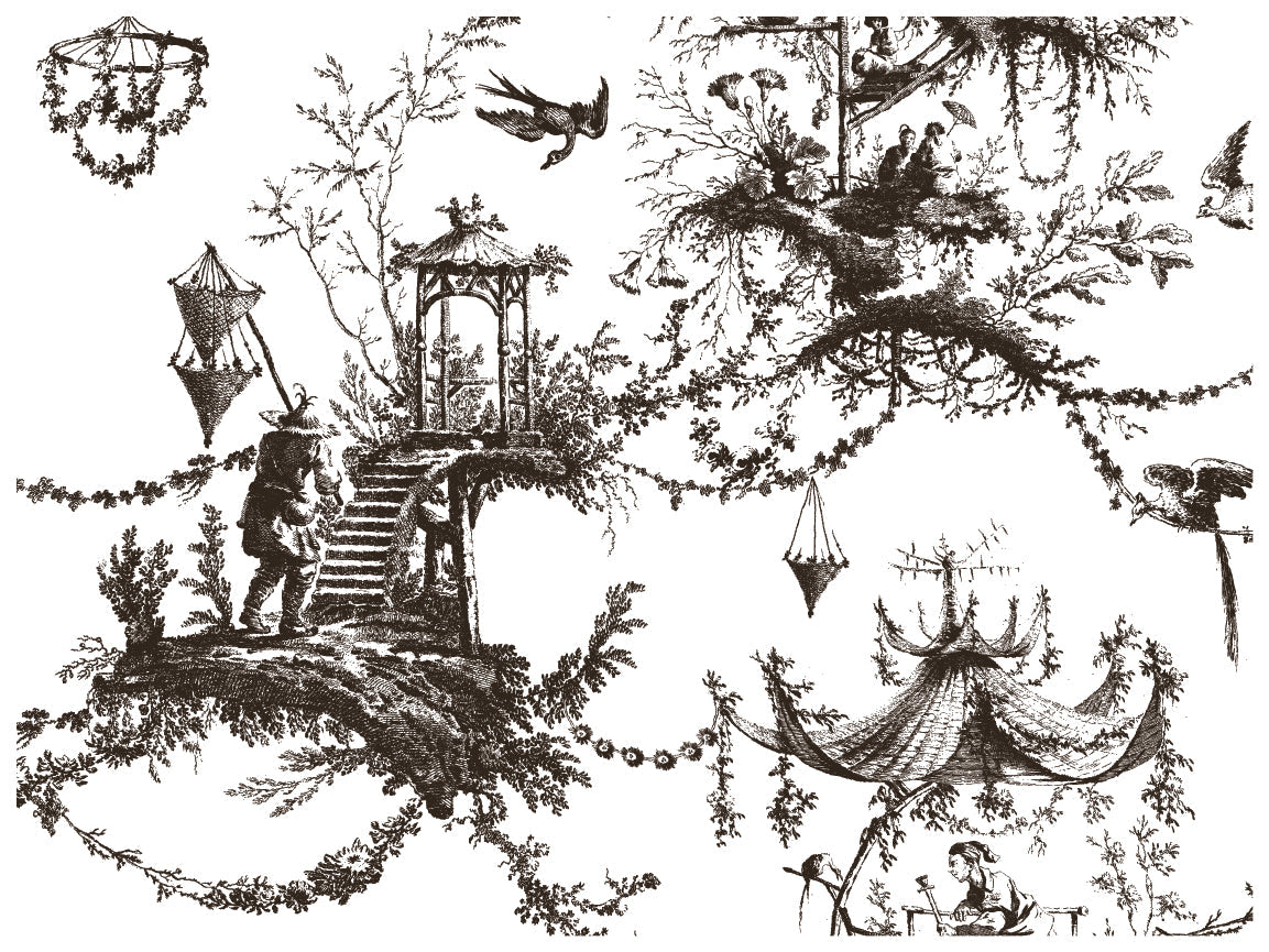 Petits Parasols Black Paint Inlay by IOD, classic toile pattern, suitable for paint projects and crafts.
