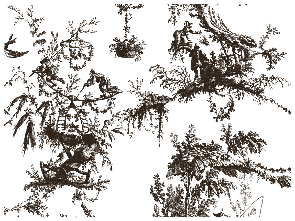 Petits Parasols Black Paint Inlay by I.O.D. with black and white figures, animals, and foliage designs.