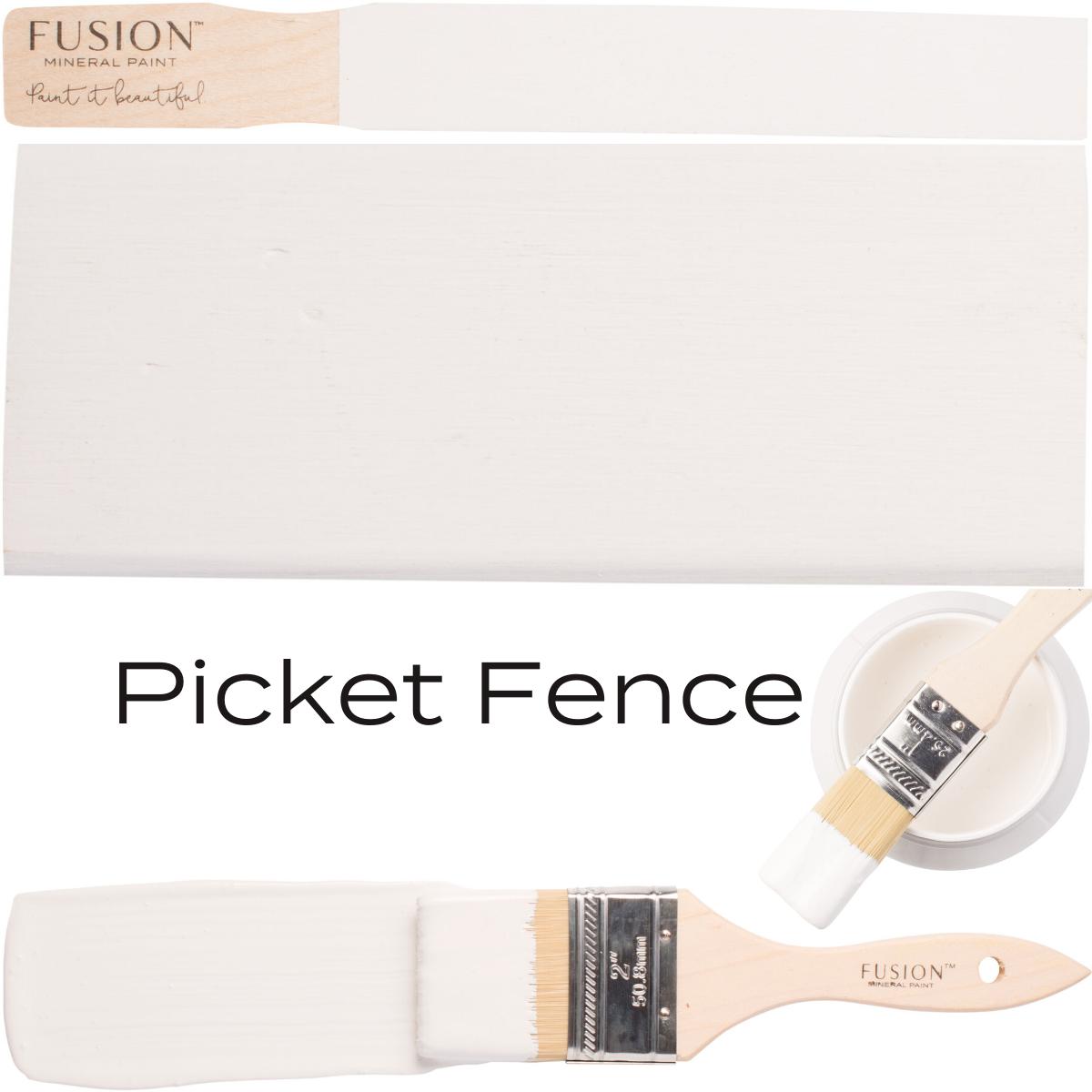 Fusion Mineral Paintbrush, branded, in Picket Fence white next to matching paint swatches.