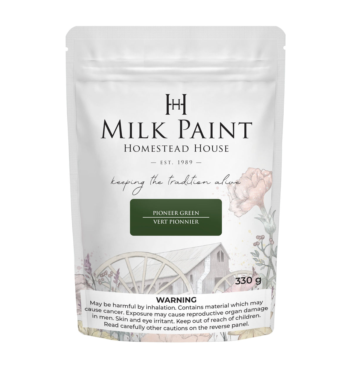 Homestead House Pioneer Green Milk Paint 330g bag with flower and wagon wheel graphics, safety warnings on packaging.