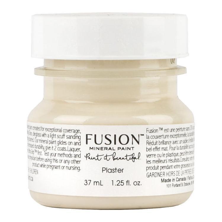 1.25 fl. oz Plaster Fusion Mineral Paint jar, all-in-one acrylic, matte finish, white lid.