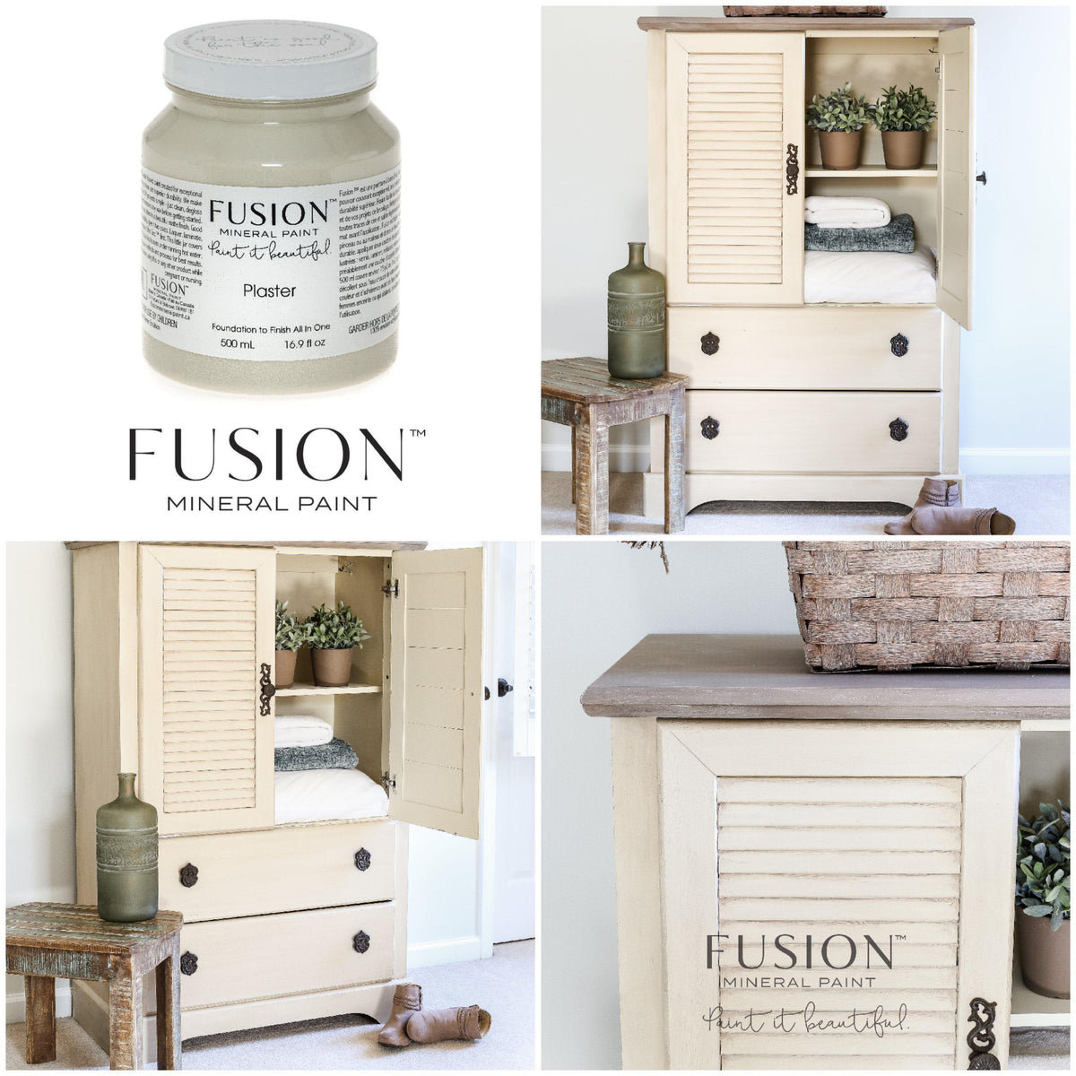 Collage of Plaster Fusion Mineral Paint jar, Fusion logo, and cream cabinet showcasing matte paint.