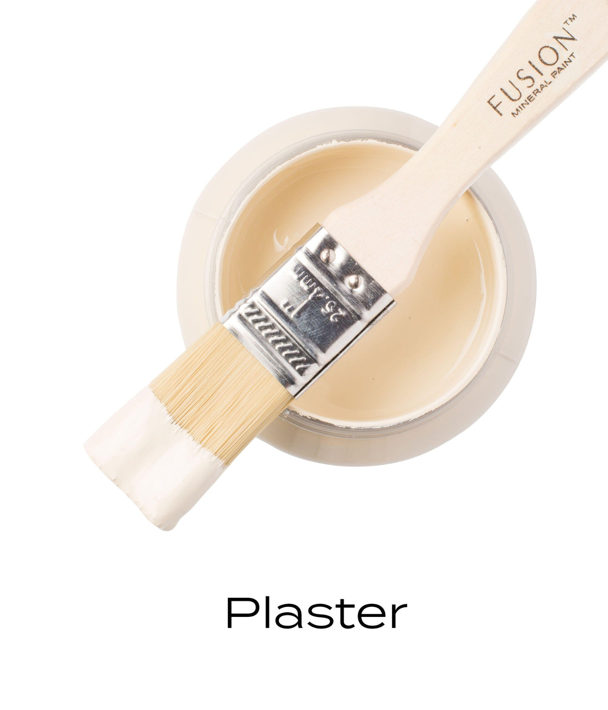 Paintbrush on open jar of Plaster Fusion Mineral Paint by Fusion Mineral Paint, viewed from above.